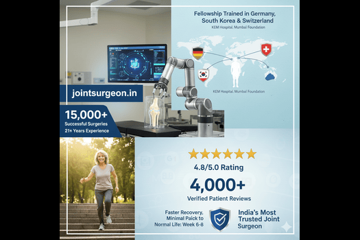 Dr. Naveen Sharma joint replacement promo showing robotic knee surgery, 15,000+ successful surgeries, 4,000+ reviews, and India’s most trusted joint surgeon claim.