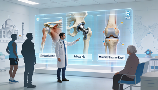 Orthopedic surgeon explaining advanced shoulder, hip, and knee joint replacement options in an Indian hospital, 2025.